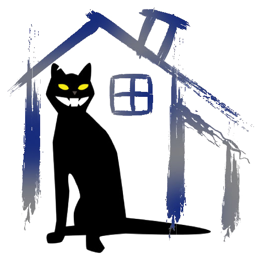 nph logo, a black cat in front of house